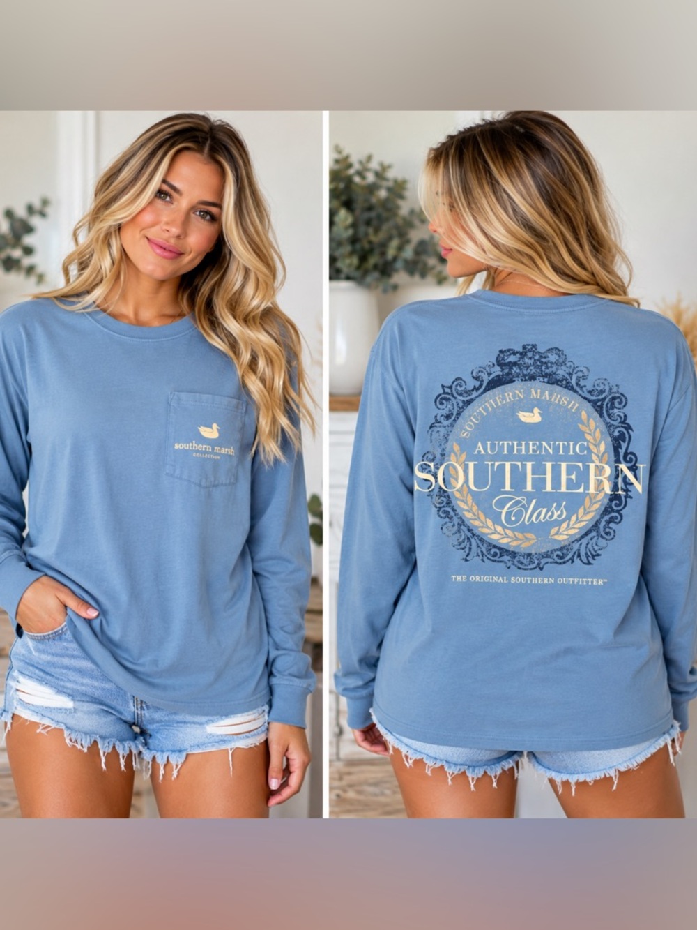 Southern Marsh Southern Class Long Sleeve Pocket Tee Blue Graphic